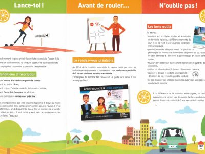Brochure de promotion pour la conduite supervisée à Rennes par Codes Rousseau. Explique les conditions d'inscription : avoir 18 ans, l'attestation de fin de formation initiale, l'accord de l'assureur et un rendez-vous préalable. Inclut des illustrations avec un panneau auto-école, un formateur expliquant un rond-point, et une voiture avec un jeune conducteur et son accompagnateur. Conseils sur les bons outils et les démarches administratives. Utilisé par une auto-école à Rennes.